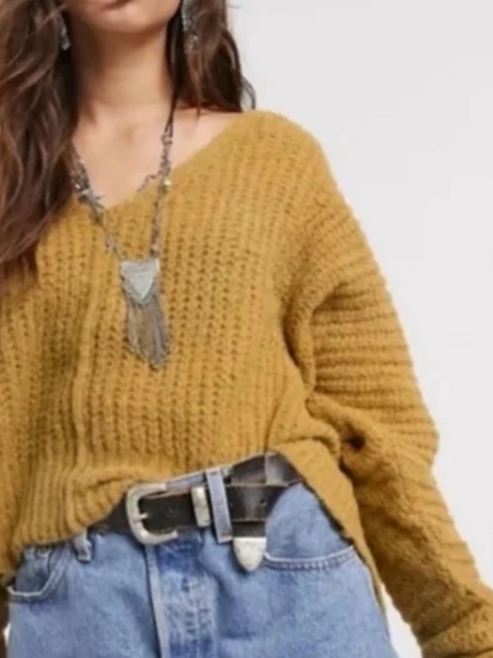 Free People V-Neck Chunky Knit Sweater in Mustard Yellow